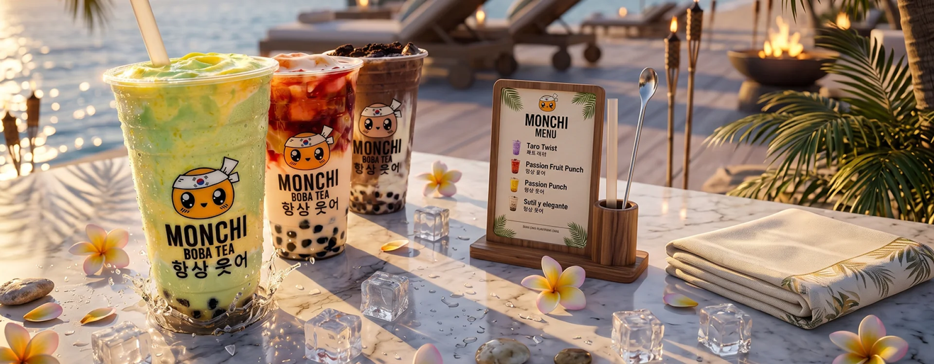 Bebidas Monchi Boba Tea sobre una mesa frente al mar