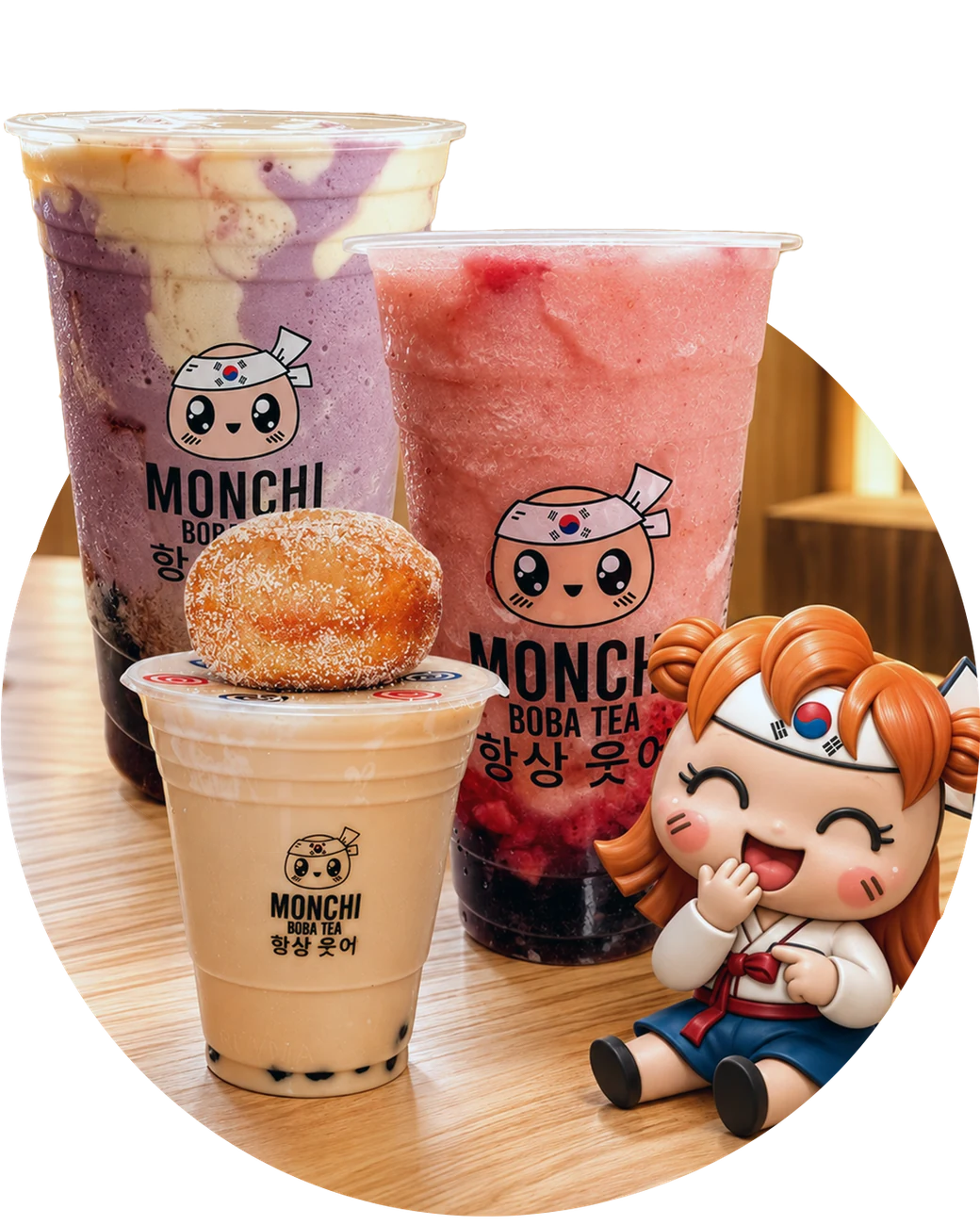 Vasos de Monchi Boba Tea junto a la mascota Monchi